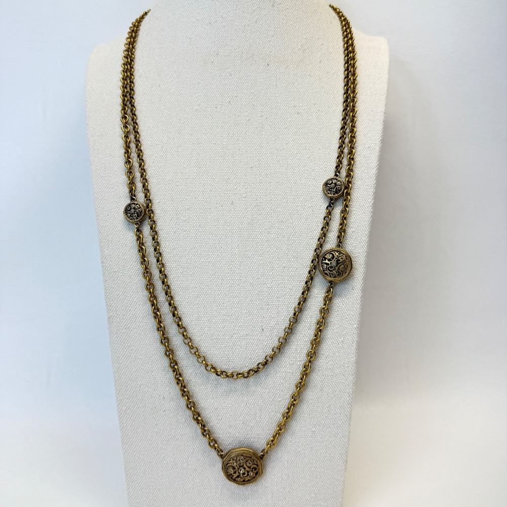 Tahari Medallion Station Necklace Long Length Brassy Gold‎ Tone Double Strand